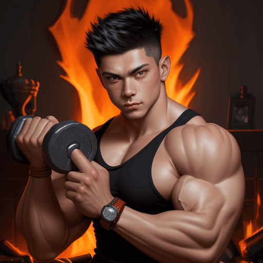 AI generated: muscular biceps with dumbell in hand, in front of fire, in the style of dmitri danish, ross tran, dm...