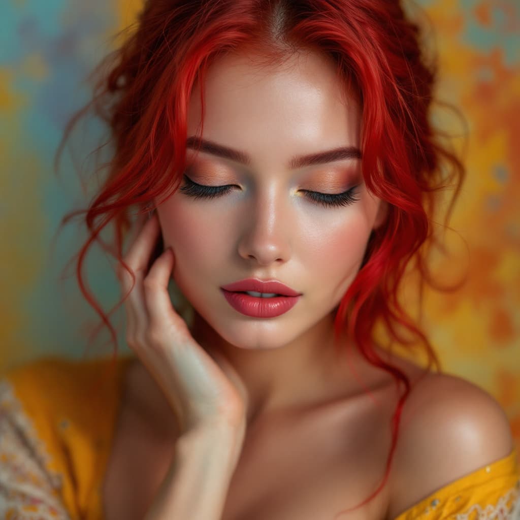 AI generated: breathtakint and professional fashion portrait of a voain with hail that is Ruby red chipicm Flexinc...