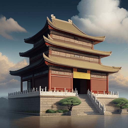 AI generated: An ancient Chinese-style building with clouds swirling next to it