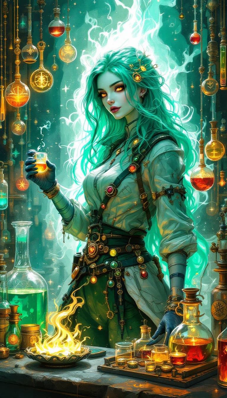 AI generated: "Jade Alchemist in a Luminous Laboratory": A powerful abstract painting showcases an alchemist, disp...