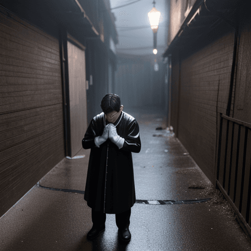 AI generated: Boy wearing a humongous gloves trying to pray but an unforeseen being is stopping him from praying, ...