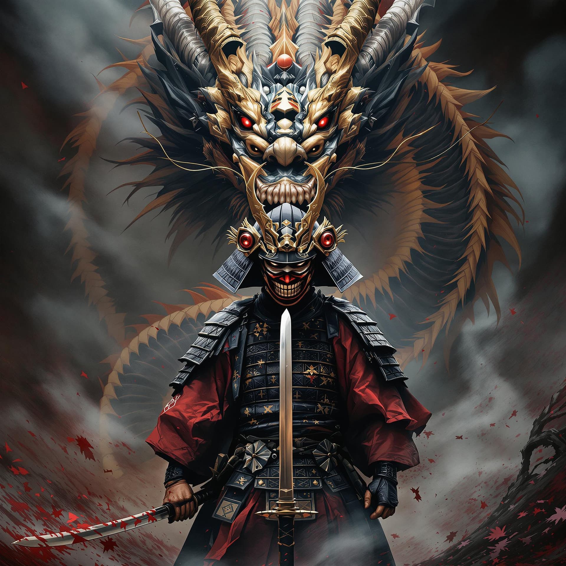 AI generated: japanese samurai in front of a japanese dragon,  ritualistic masks, Katana, realistic
