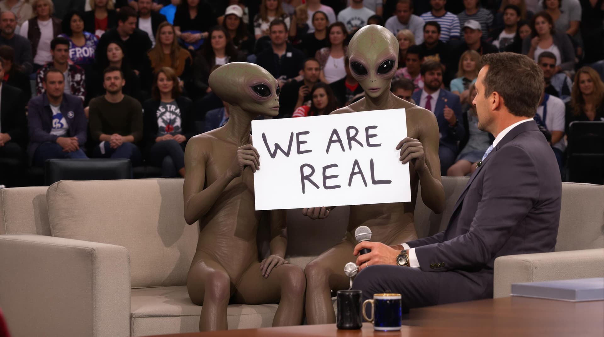 AI generated: 2 hyper realistic looking aliens sat on a sofa infront of a studio audience, they hold a sign that s...