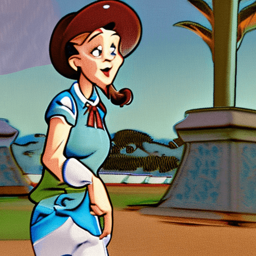 AI generated: alice from disney's alice in wonderland wearing a light blue polo shirt performing a curtsy 2d carto...