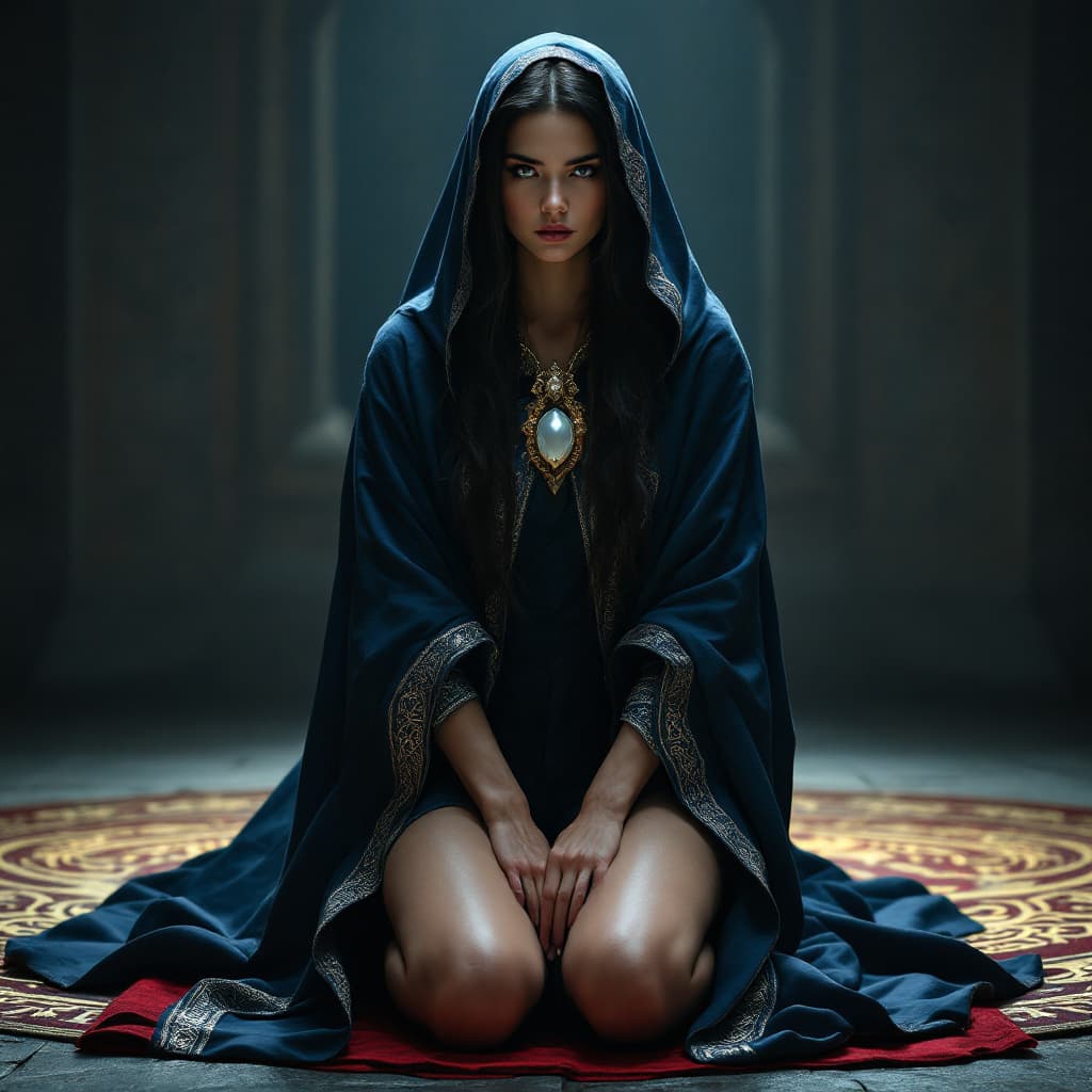 AI generated: High resolution photography. A woman kneels, her arms crossed behind her back, her thighs spread wid...