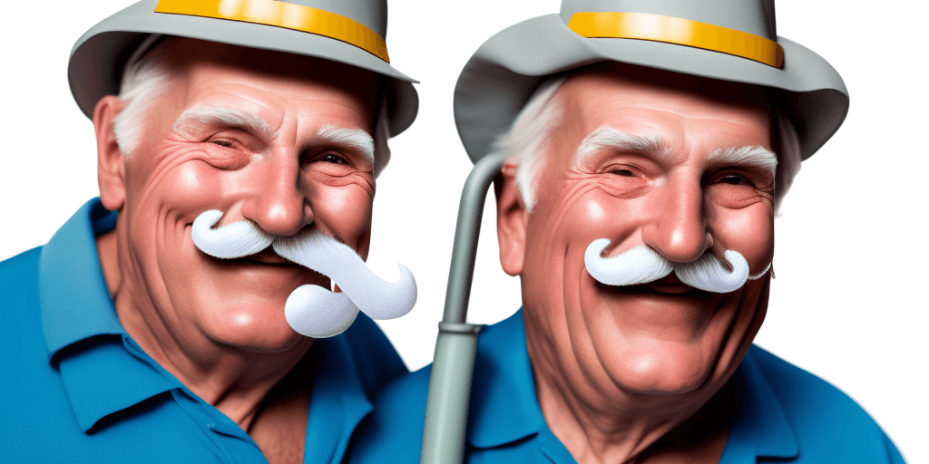 AI generated: old man with white mustache and safety hat, smile on camera, about 90kg weight, fat face