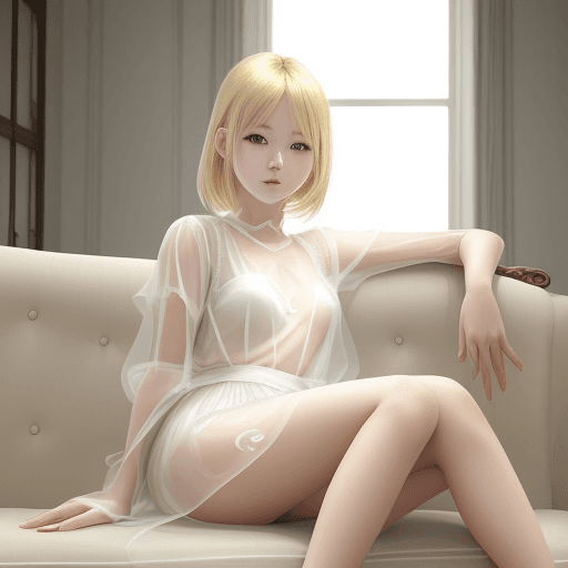 AI generated: beautiful blonde woman wearing white sitting on a couch, in the style of oshare kei, nostalgic charm...