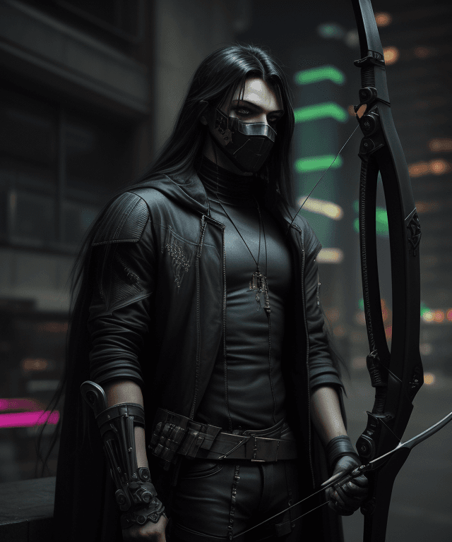 AI generated: Cyberpunk, robin hood, metal bow, stylish, masked, dark clothes, black long hair, male, 