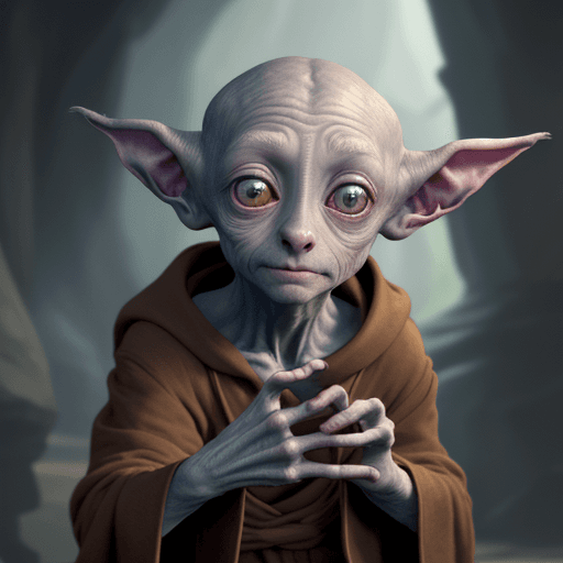 AI generated: Feature of a creature inspired by Dobby in Hary Potter,  a small, hairless creature with long, thin ...