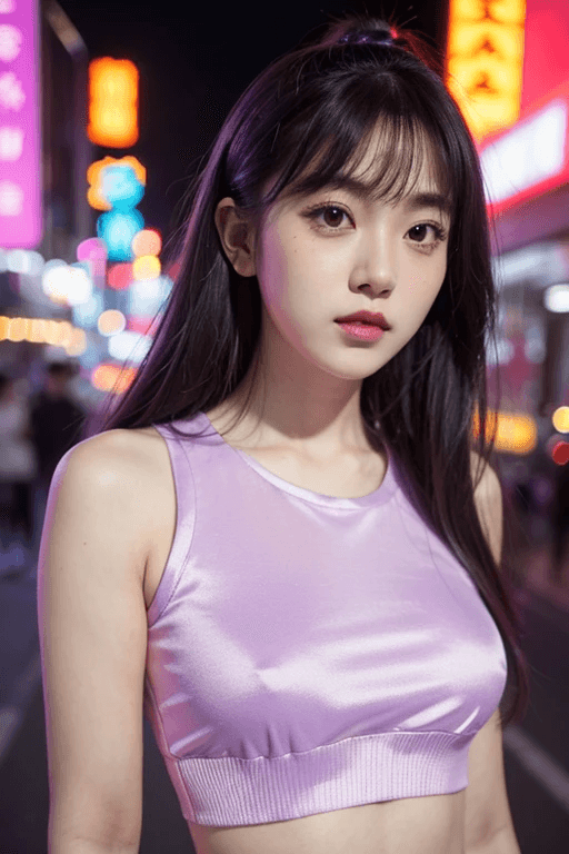 AI generated: a girl in a purple top in a neon city, in the style of chinapunk, iconic album covers, soft-focus po...