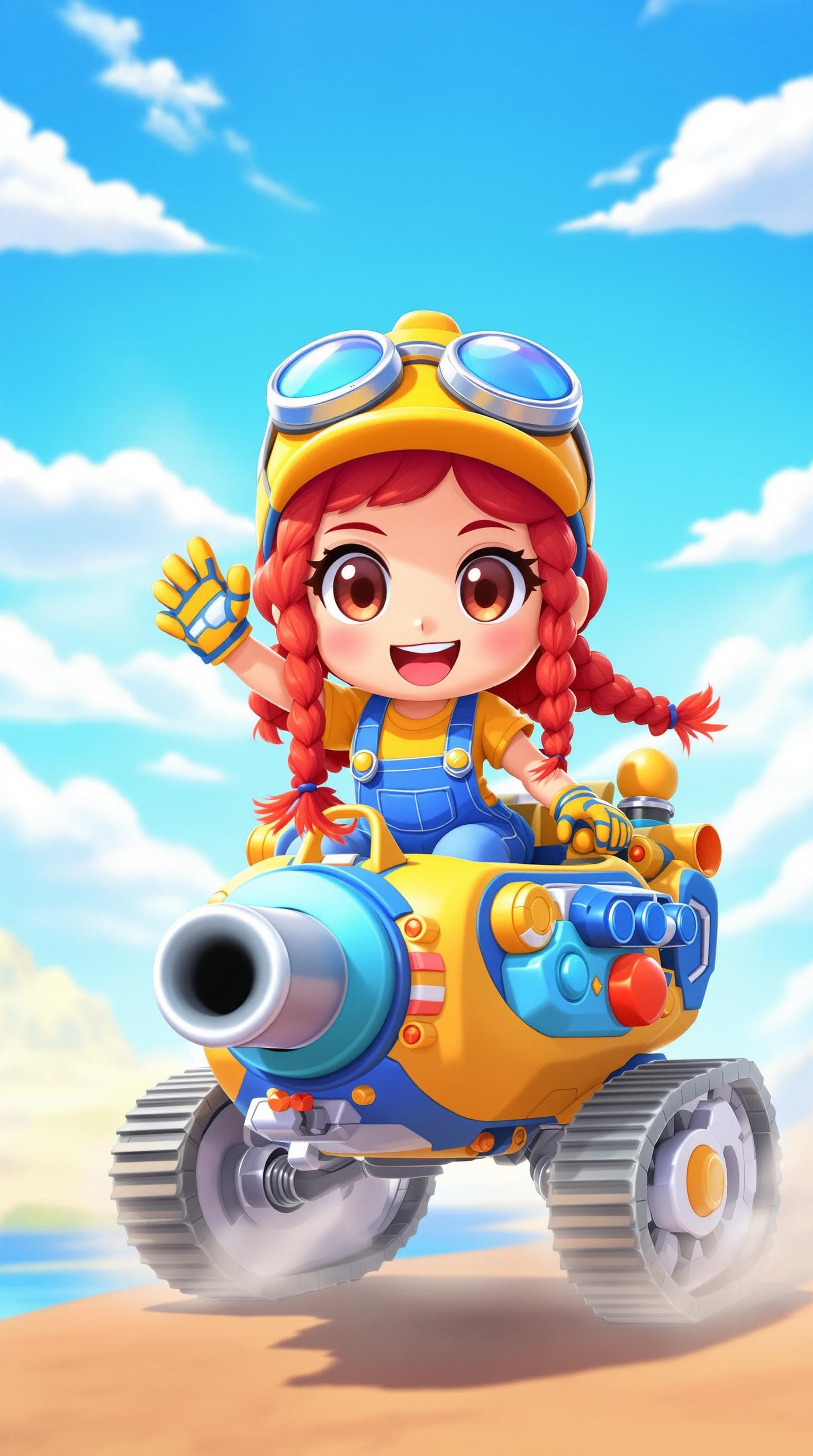AI generated: A vibrant and energetic chibi-style girl with bright red braided hair rides a small robotic cannon-l...
