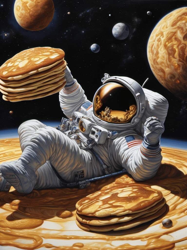 AI generated: A disoriented astronaut, lost in a galaxy of pancakes, floating in zero gravity, grasping at memorie...