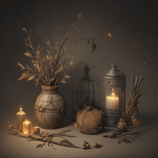 AI generated: Rustic gris-gris bag,  magic symbols on it, ochre yellowish in color, tied with thorns, scene includ...