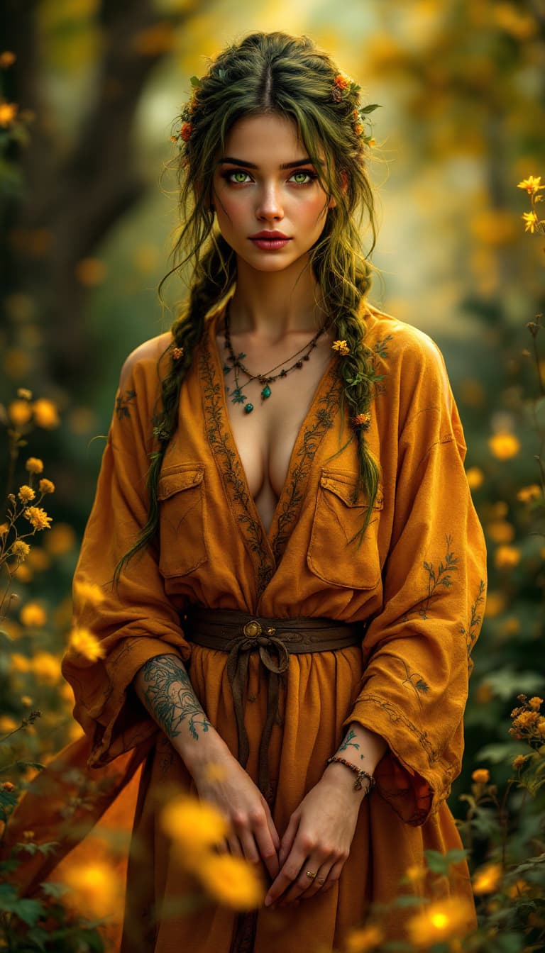 AI generated: An ultra-realistic, full-body action shot of a captivating ochre herbalist, radiating natural wisdom...