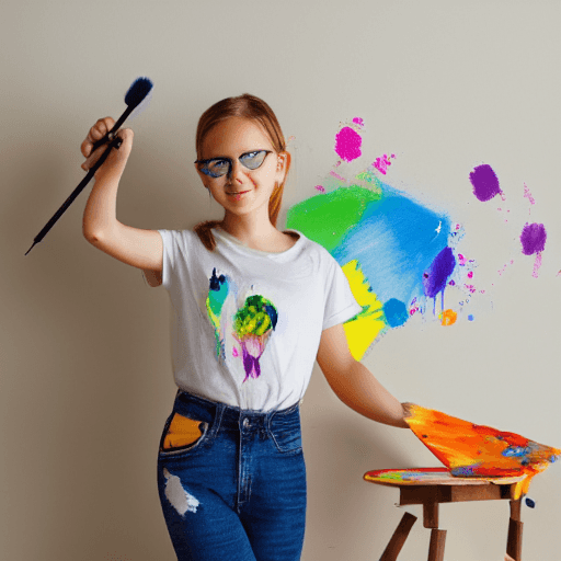 AI generated: girl 10 years old wearing tshirt and jeans, blond hair , painting on the wall with brush and colors,...