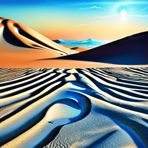 AI generated: illustration of a strange mysterious desolate desert with light blue sand , painting like ,light wha...