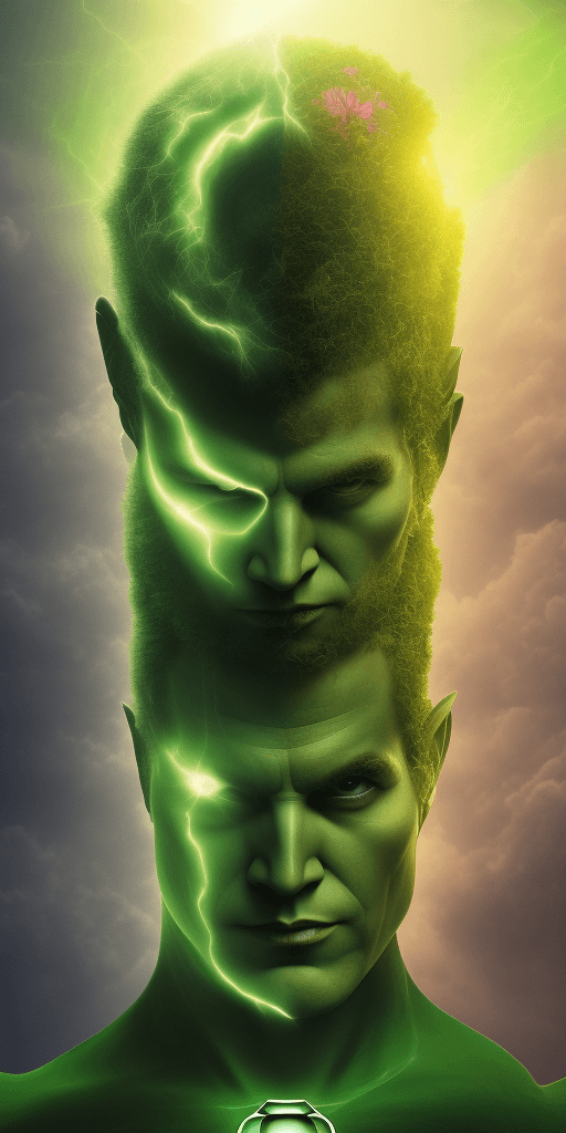 AI generated: superhero Green Lantern AS Nature exploding out a humans head, trees, flowers, mountain, sunset, nat...