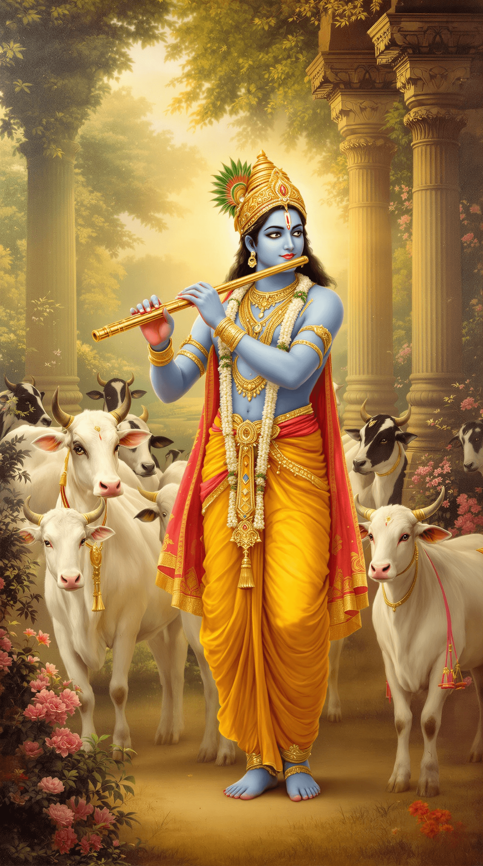 AI generated: A dreamlike, traditional Indian painting of Lord Krishna, depicted with a serene expression, playing...