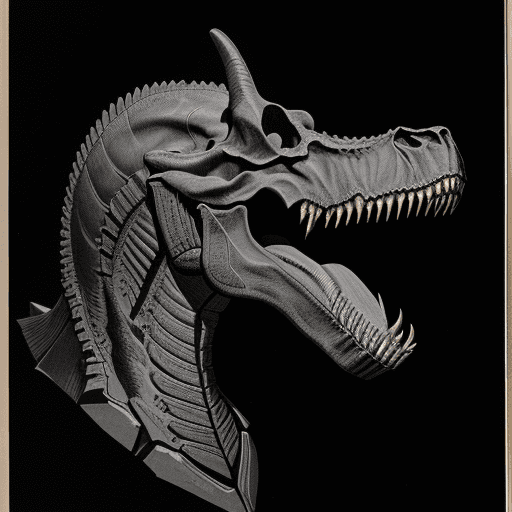 AI generated: full page scan of an antique lithograph of fantasy Tyrannosaurus rex skull on black paper. Baroque m...
