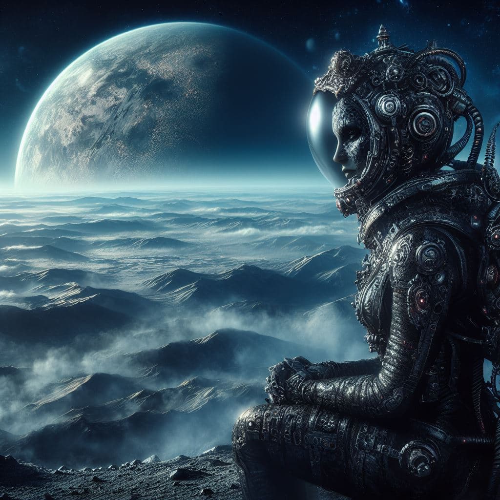 AI generated: a gothic punk base on the moon. A goth punk astronaut observes the landscape. The earth can be seen ...