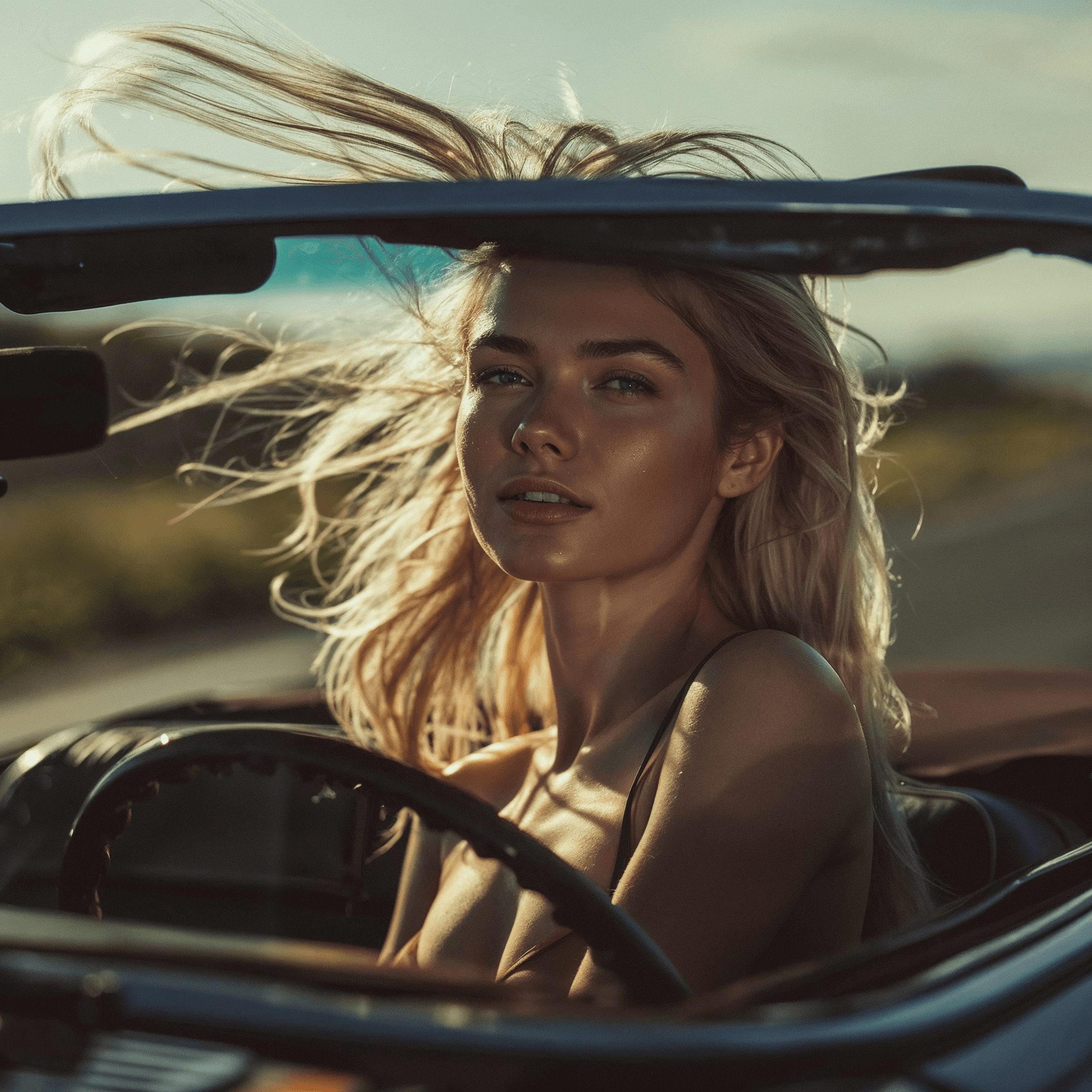 AI generated: beautiful stunning photorealistic, blonde girl, driving a cabriolet on a sunny day, wind goes trough...