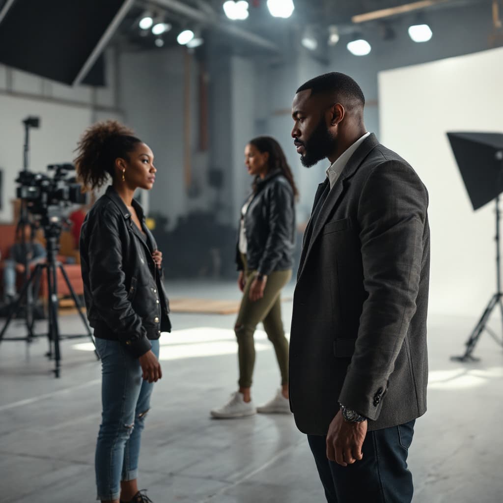 AI generated: 3 black african actors  on set 2 female and one male the setting is a huge indoor studio
