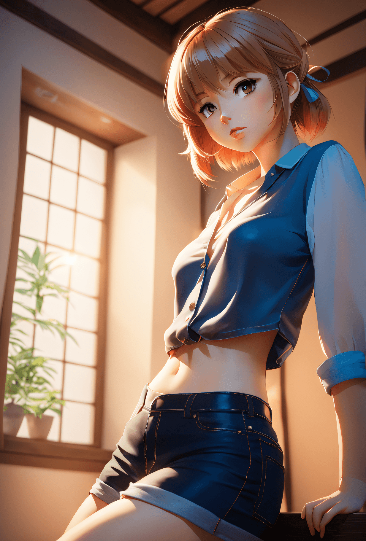 AI generated: anime artwork long exposure photography, low angle, masterpiece photo of a young woman, Thin-legged ...