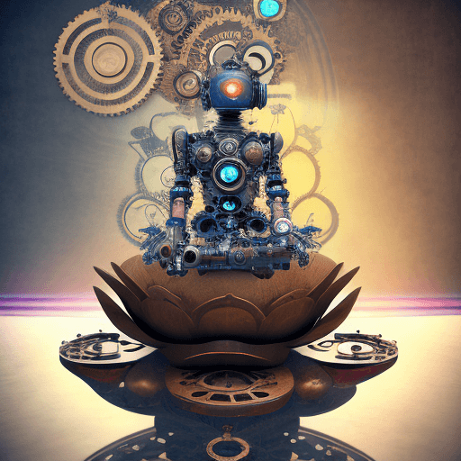 AI generated: A robot sitting in the lotus pose, representing the fusion of chaos and peacefulness in one work of ...