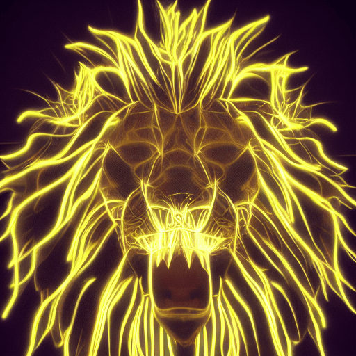 AI generated: a front of view photo of a lions roar, vibrant, bioluminescence, 8k, trending on artstation, soft li...