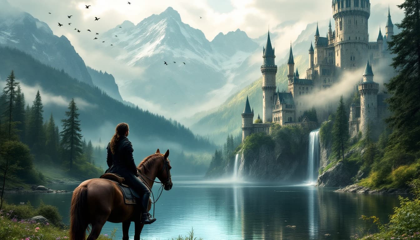AI generated: The image depicts a serene and idyllic scene of a person on horseback gazing up at a majestic castle...