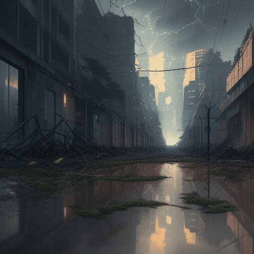 AI generated: High resolution stunningly ruins of the city after the apocalypse, vines, water reflection, rainy, e...