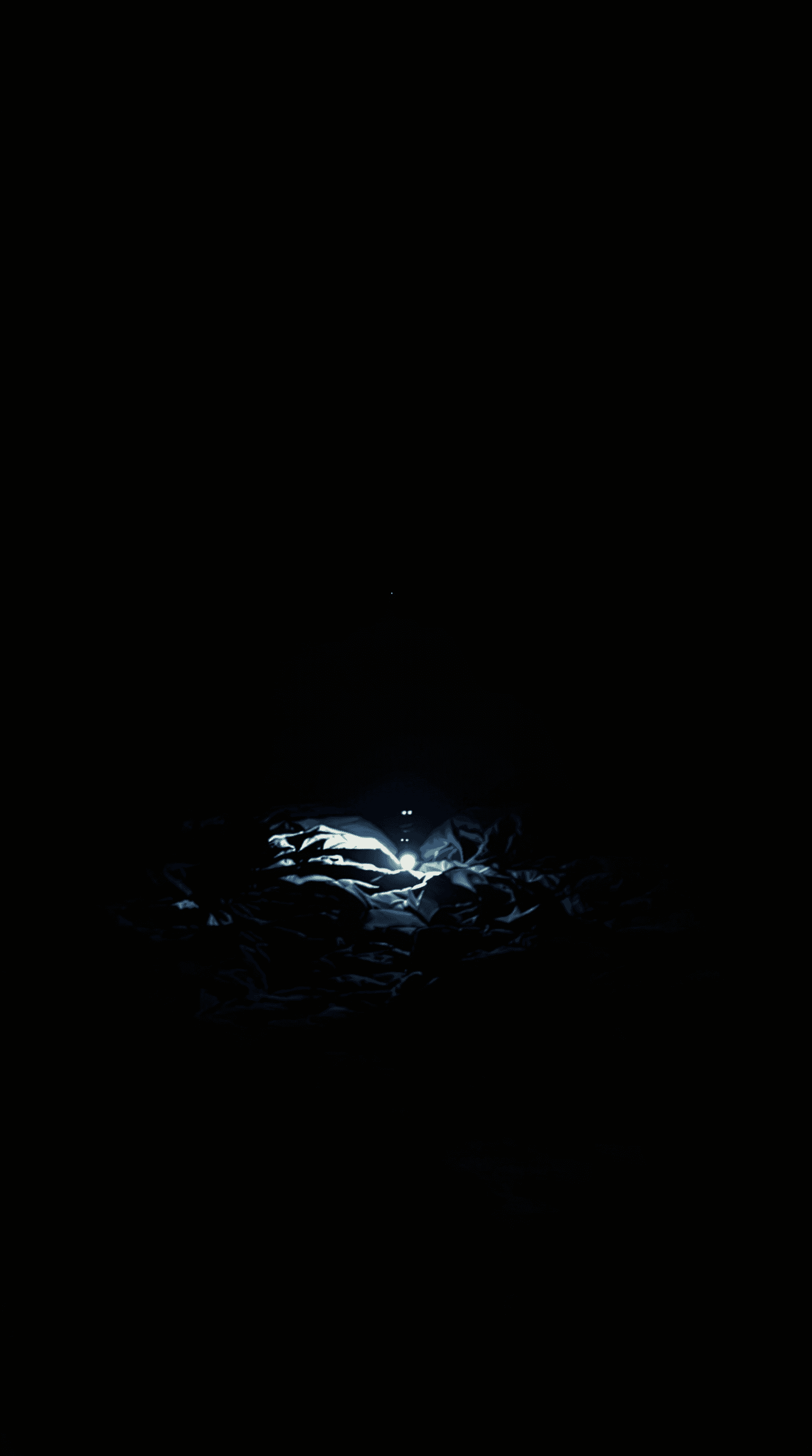 AI generated: A completely dark bedroom where the only source of light comes from a flashlight in the foreground, ...