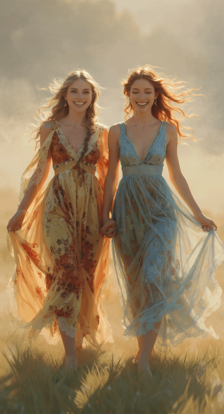 AI generated: Two ethereal young women walking side by side, smiling brightly, their expressions full of joy and f...