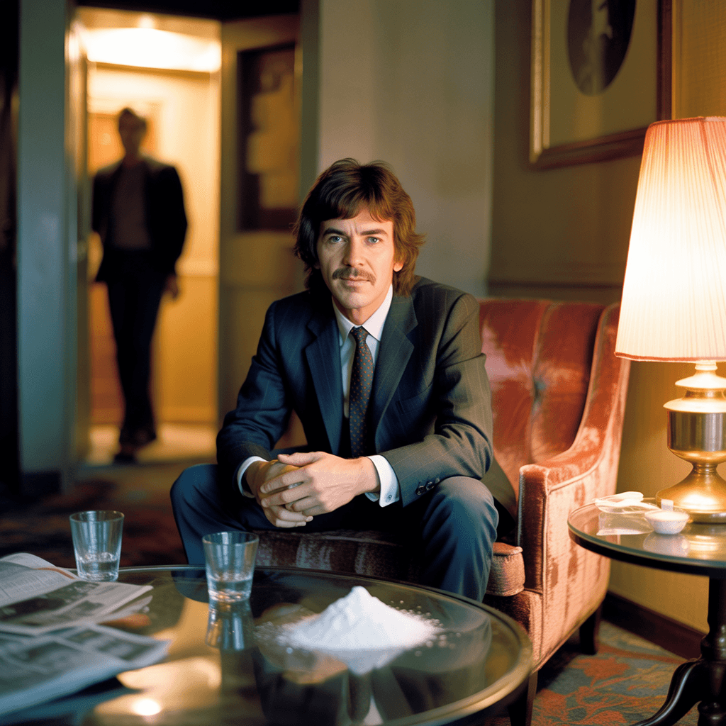 AI generated: paparazzi style photograph of George Harrison of the Beatles, doing excessive amounts of cocaine in ...