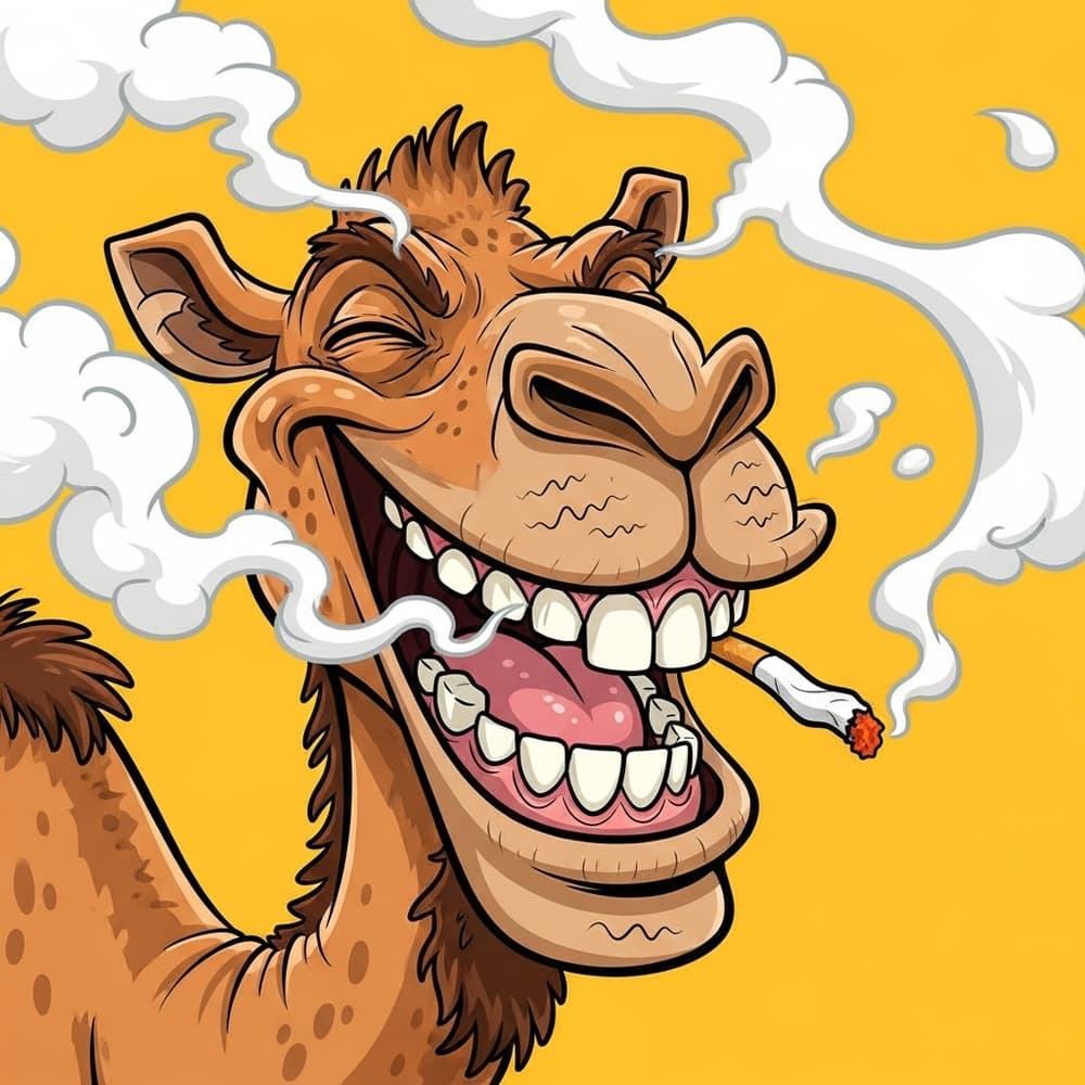 AI generated: Gros plan caricatural d’un chameau avec un énorme sourire joyeux et de grandes dents comiques. Il fu...
