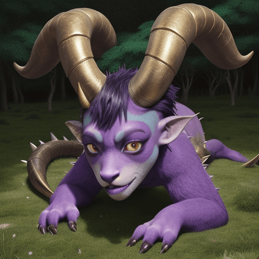 AI generated:  cartoon of a colorful creature, big eyes and big teeth, big horns, light bronze and purple schema, ...