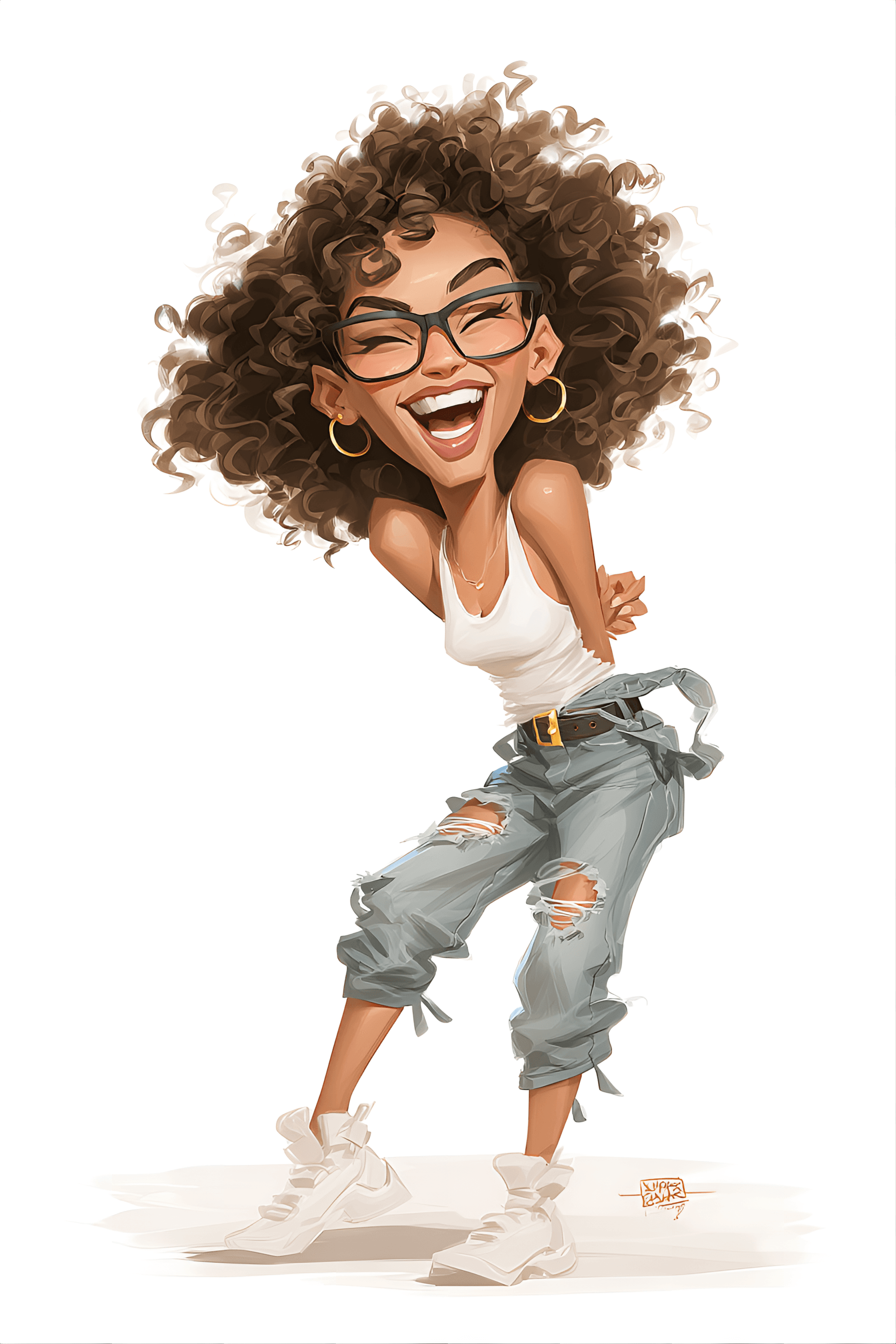 AI generated: funny caricature, hip-hop dancer caricature, young african-american female, 20 years old, big curly ...