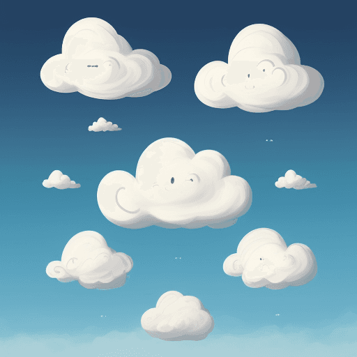 AI generated: five different cloud in the sky with a cartoon disegn, during the day, foatting  
