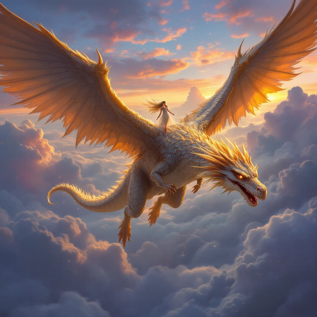 AI generated: A breathtaking scene in the sky with the hero and his elven wife soaring together. The hero, an impo...