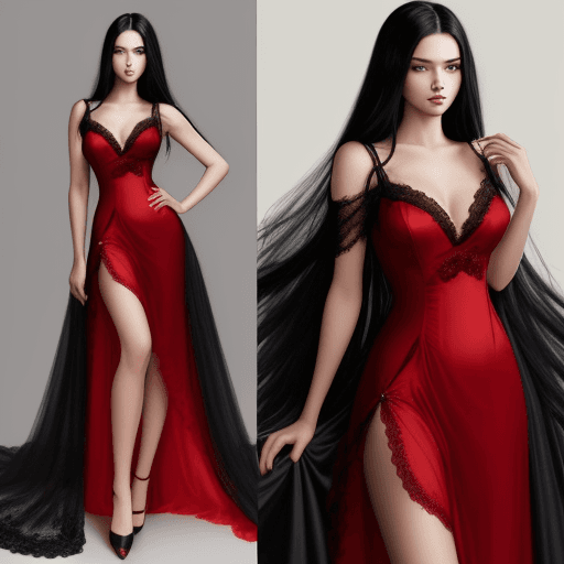 AI generated: Woman in frontal pose with long voluminous black hair and elegant dress, very short red nightgown wi...