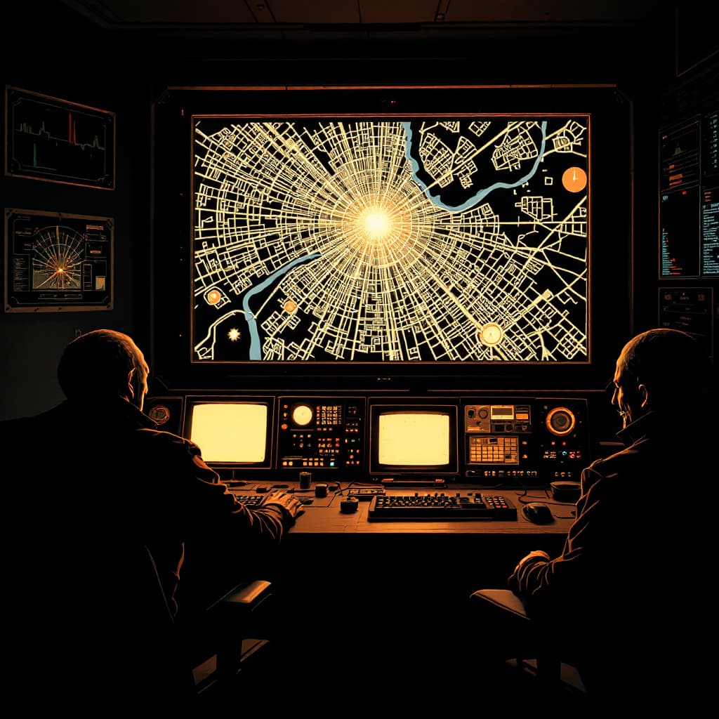 AI generated: Dark control room with glowing monitors showing a map of the city. Mysterious operators laugh sinist...