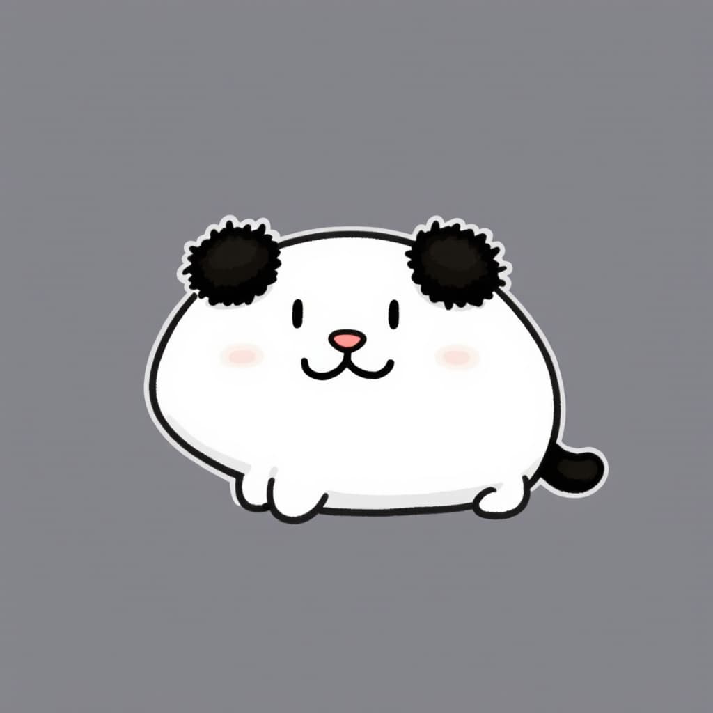 AI generated: A cute Q-version white cat, with two black fur balls in the middle of its ears, and a black tail.