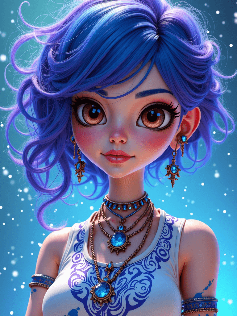 AI generated: A vibrant animated character with a unique blend of blue and purple hair. She has large, expressive ...