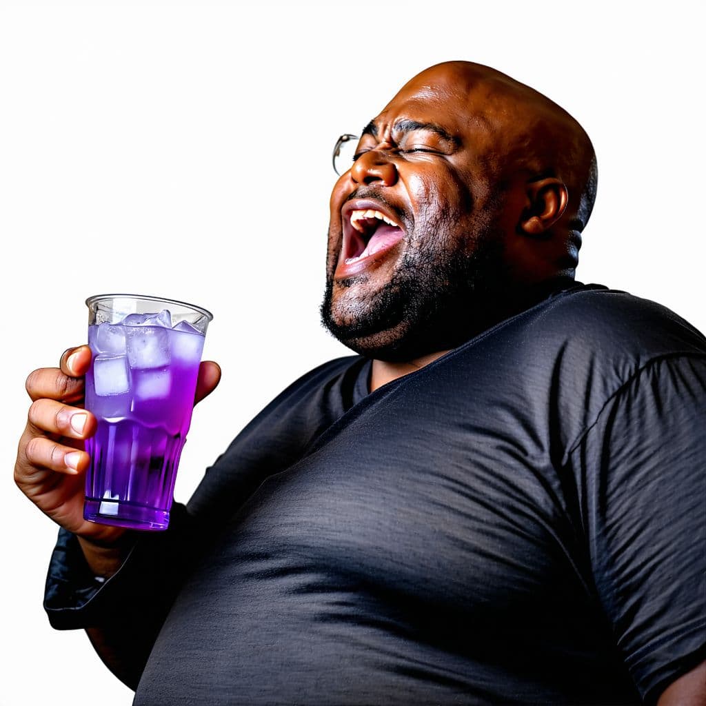 AI generated: very fat, obese, massive, bald black man in the world holding a cup of purple drink with ice cubes, ...