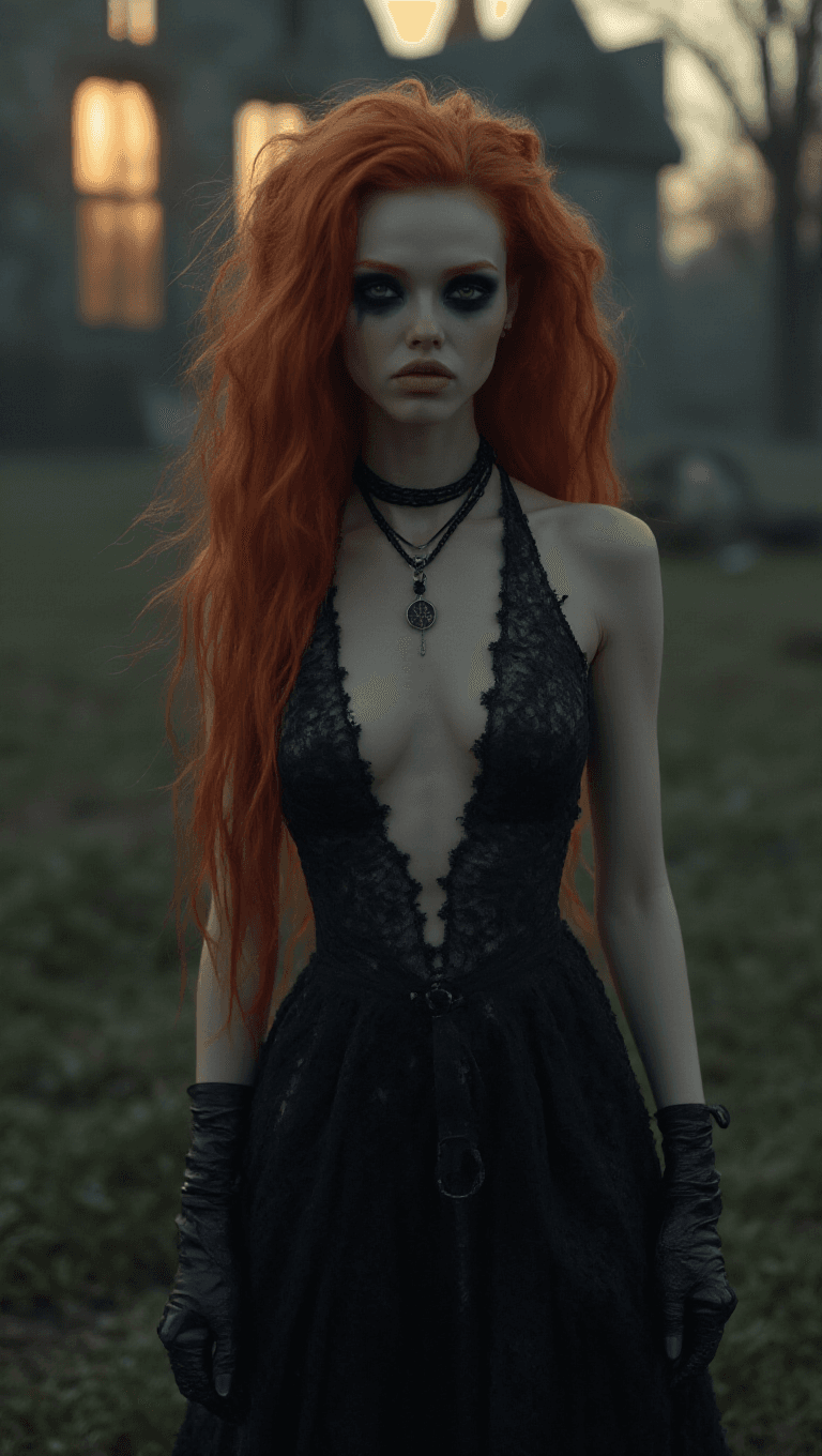 AI generated: Full-body shot of a young thin woman with copper-colored hair, pale skin, black-painted eyes, a sini...