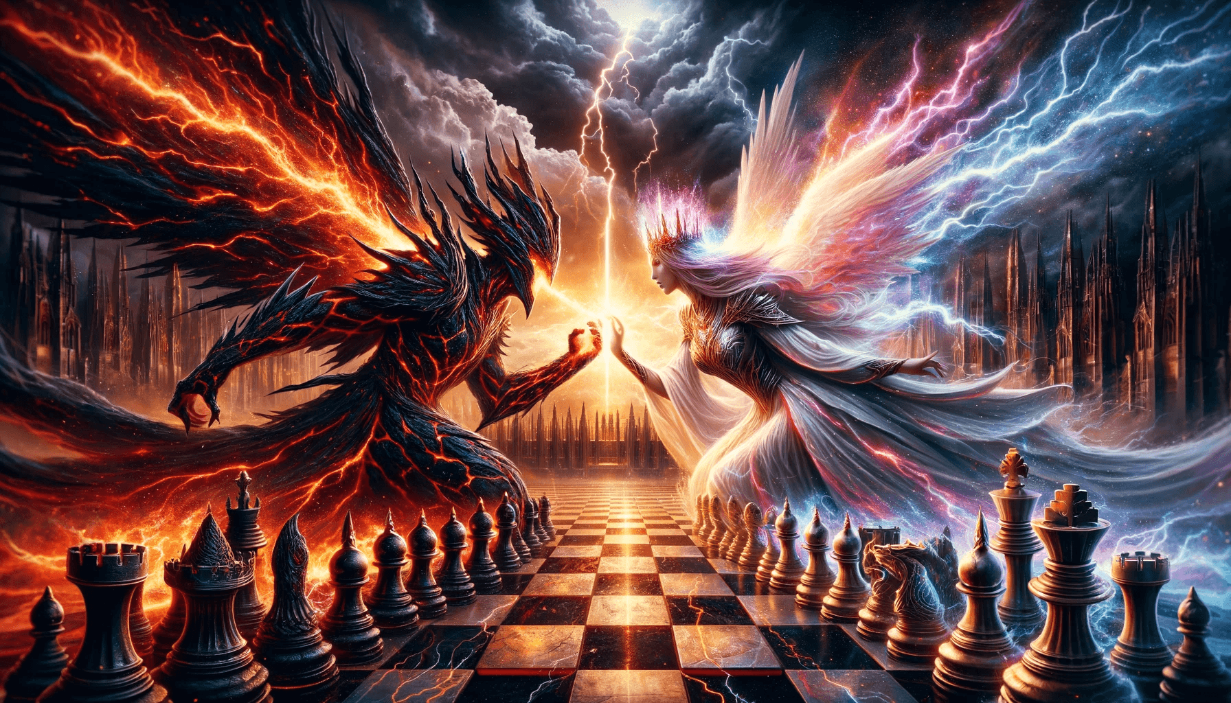 AI generated: Create an awe-inspiring digital painting of a mythical duel between an infernal knight and a divine ...