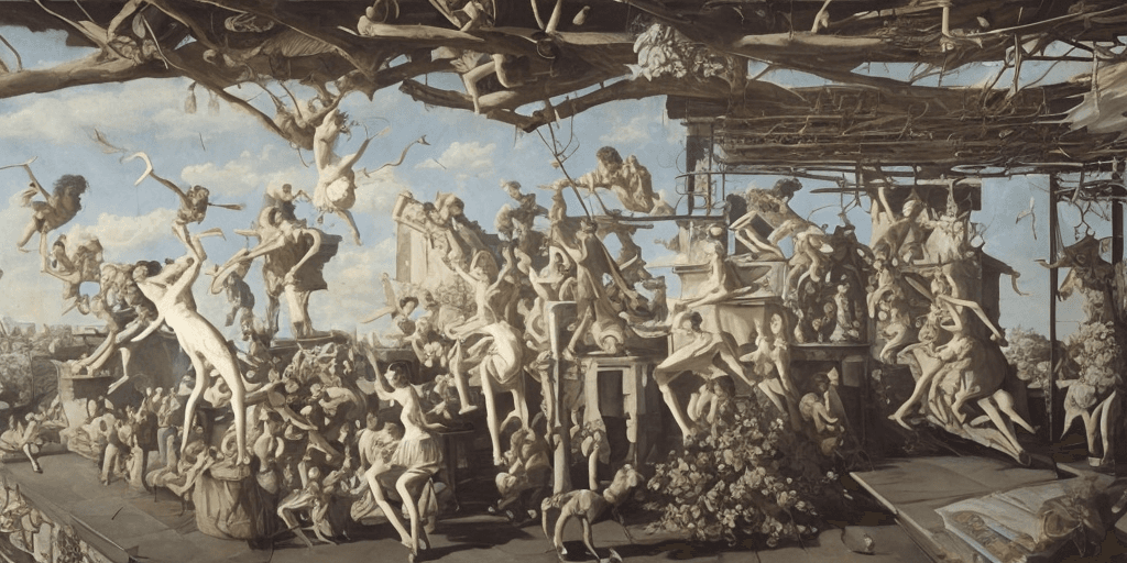 AI generated: painting, rooftop, neo rauch, painting with incomparable reality, intricate details