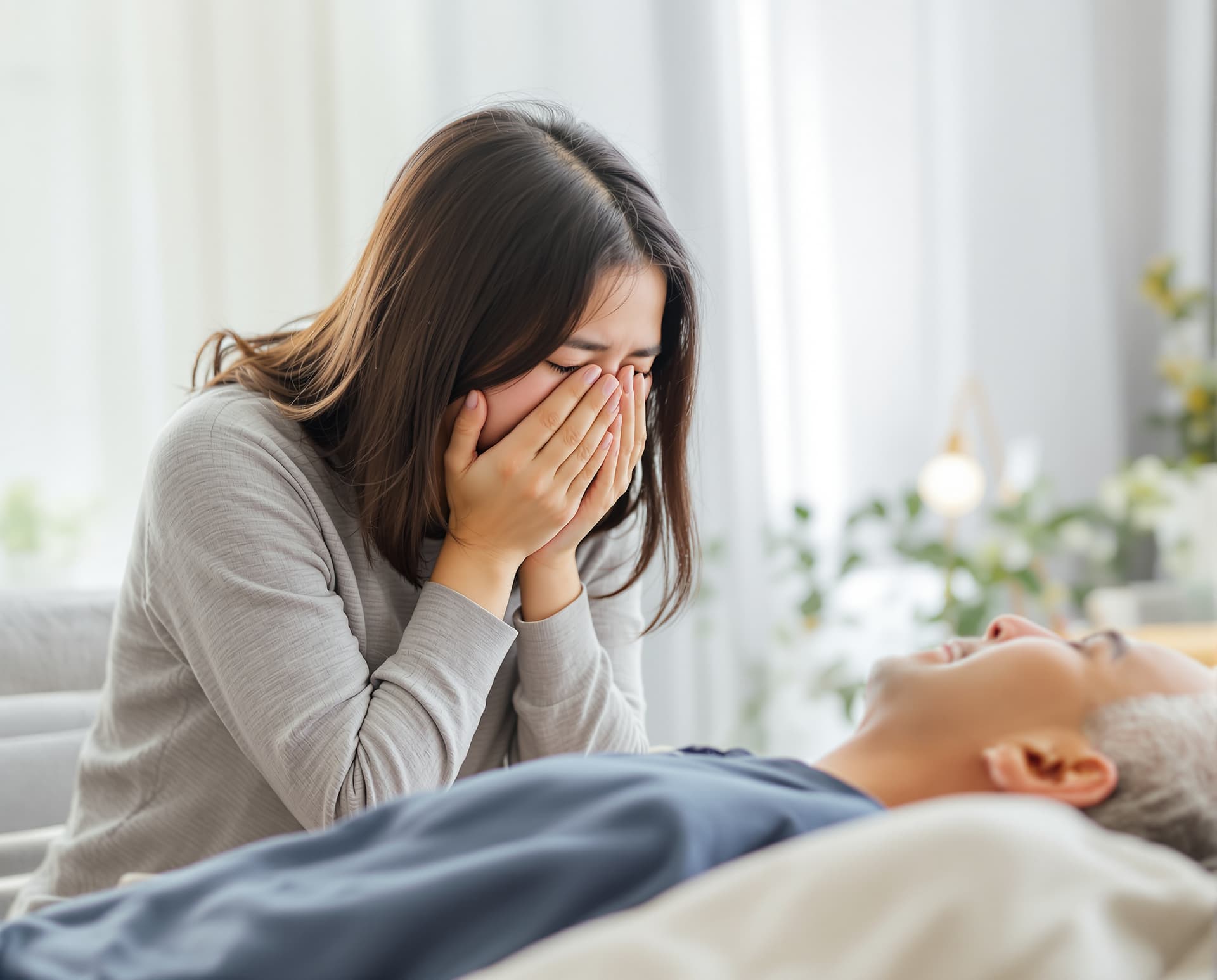 AI generated: A young Asian woman is crying over her deceased father.