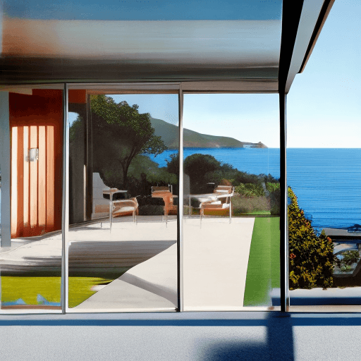 AI generated: Hyper realistic eye level exterior photo of a mid century modern style house overlooking the ocean, ...