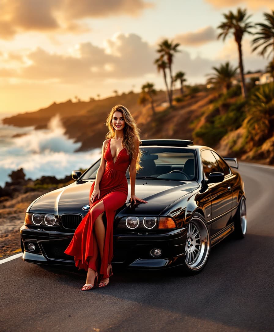 AI generated: A sleek BMW E39, its glossy black paint reflecting the golden hues of a sunset, stands proudly on a ...